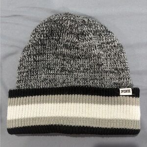Pink Victoria's Secret Black and White Knit Beanie